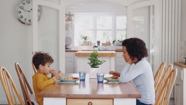 シングルマザーは一緒に昼食を食べテーブルで息子と一緒に座っています スローモーションで撮影 — ストック動画