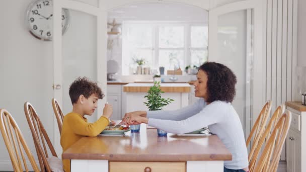 彼女は台所で一緒に昼食を食べてテーブルで息子と一緒に座っているとして食べ物をカットするのを助けるシングルマザー スローモーションで撮影 — ストック動画