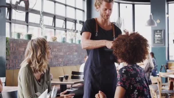 Deux Amies Rencontrent Parlent Dans Café Servi Boire Par Serveur — Video