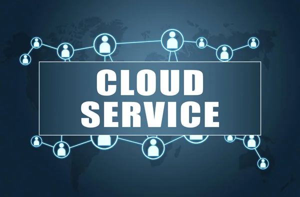 Cloud Service Текстовая Концепция Синем Фоне Картой Мира Социальными Иконами — стоковое фото