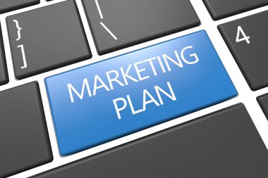 Pazarlama planı - klavye 3d render illüstrasyon metin kavramı mavi anahtar kelime ile.