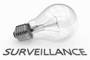 Gözetim - ampul metni beyaz zemin üzerine. 3D render illüstrasyon.