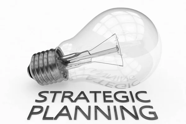 Strategische Planung Glühbirne Auf Weißem Hintergrund Mit Text Darunter Darstellung — Stockfoto