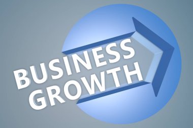 İş büyüme - 3d metin render illüstrasyon kavramı mavi-gri arka planda bir daireye bir ok ile