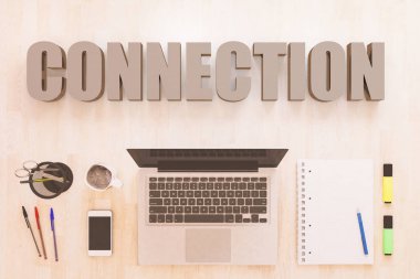 Bağlantı - metin konsept dizüstü bilgisayar, smartphone, defter ve kalemler ahşap masaüstü. 3D render illüstrasyon.