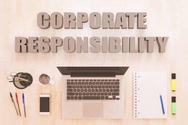 Kurumsal sorumluluk - metin konsept dizüstü bilgisayar, smartphone, defter ve kalemler ahşap masaüstü. 3D render illüstrasyon.