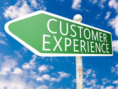 Müşteri deneyimi - sokak tabelası metin konsept illüstrasyon mavi gökyüzü bulutlu önünde. 3D render