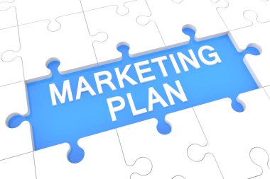 Pazarlama planı - bulmaca 3d render illüstrasyon mavi arka plan üzerinde kelime ile