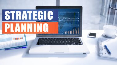 Stratejik planlama metin ofis ortamında modern dizüstü bilgisayar ekranında. 3D render illüstrasyon iş metin kavramı.