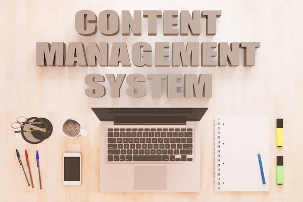 Content Managementsysteem Tekst Concept Met Laptop Smartphone Laptop Pennen Houten — Stockfoto