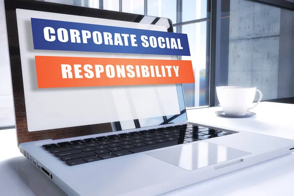 Corporate Social Responsibility Text Modern Laptop Screen Office Environment Render — Stock Photo, Image