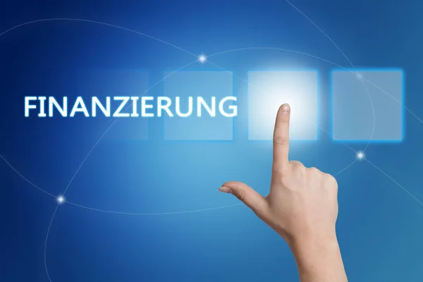 Finanzierung 資金または青の背景を持つインターフェイスのボタンを資金調達のためのドイツ語の単語を押すと — ストック写真