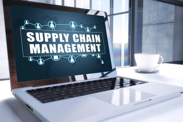 Supply Chain Management Texto Tela Laptop Moderno Ambiente Escritório Renderizar — Fotografia de Stock
