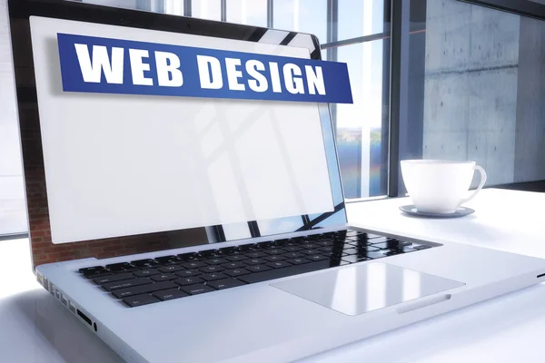 Web Design Tekst Moderne Laptop Scherm Kantooromgeving Render Illustratie Bedrijfsconcept — Stockfoto