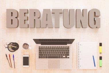 Beratung - danışmanlık için Almanca kelime - metin konsept dizüstü bilgisayar, smartphone, defter ve kalemler ahşap masaüstü. 3D render illüstrasyon.