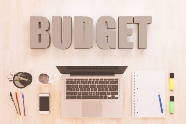 Bütçe - metin konsept dizüstü bilgisayar, smartphone, defter ve kalemler ahşap masaüstü. 3D render illüstrasyon.