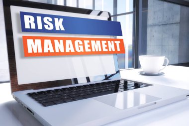 Risk yönetimi metin ofis ortamında modern dizüstü bilgisayar ekranında. 3D render illüstrasyon iş metin kavramı.
