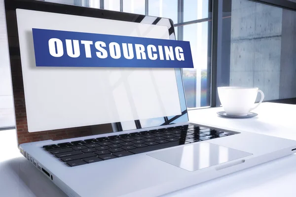 Outsourcing Text Modern Laptop Screen Office Environment Render Illustration Business — Stock Photo, Image