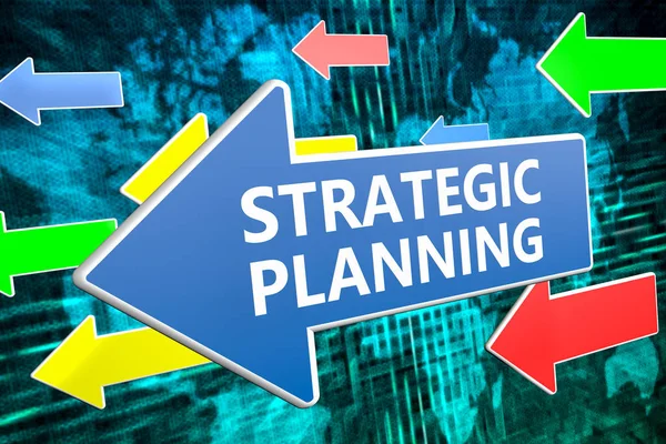 Strategisk Planering Text Koncept Blå Pilen Flyger Över Gröna Världen — Stockfoto