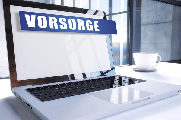 Vorsorge Duitse Woord Voor Voorzorg Bepaling Tekst Moderne Laptop Scherm — Stockfoto