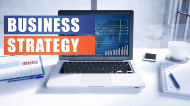 İş stratejisi metin ofis ortamında modern dizüstü bilgisayar ekranında. 3D render illüstrasyon iş metin kavramı.