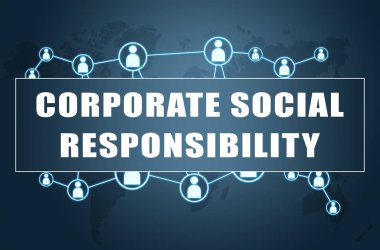 Kurumsal sosyal sorumluluk - Dünya Haritası ve sosyal simgeleri mavi zemin üzerine metin kavramı.