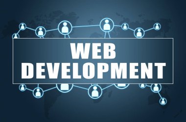 Web geliştirme - Dünya Haritası ve sosyal simgeleri mavi zemin üzerine metin kavramı.