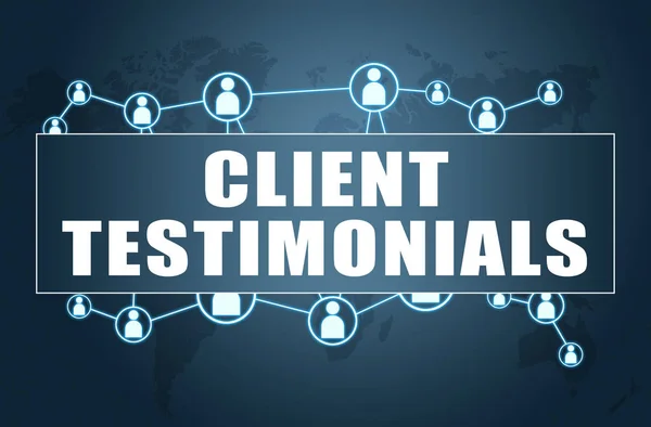 Client Testimonials Text Concept Blue Background World Map Social Icons — Stock Photo, Image