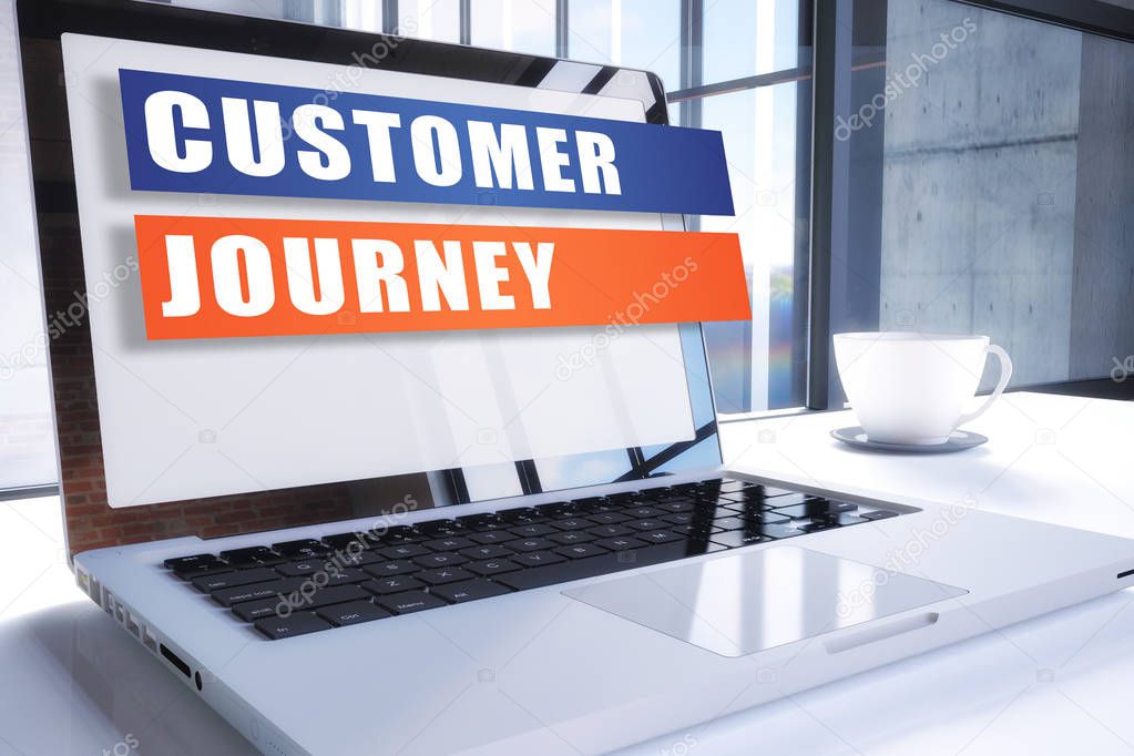 Customer Journey text on modern laptop screen in office environment. 3D render illustration business text concept.