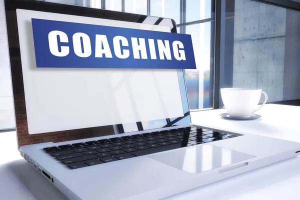 Coaching Text Modern Laptop Skärm Kontorsmiljö Render Illustration Text Affärsidé — Stockfoto