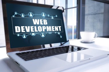 Web geliştirme metin ofis ortamında modern dizüstü bilgisayar ekranında. 3D render illüstrasyon iş metin kavramı.