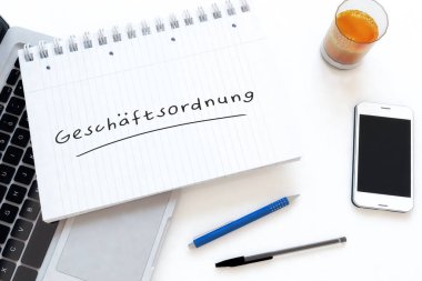 Geschaeftsordnung - İşlem kuralları için Almanca kelime - masadaki bir defterde el yazısıyla yazılmış metin - 3D resimleme.