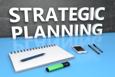 Stratejik Planlama - karatahta, defter, kalem ve cep telefonlu metin kavramı. 3 Boyutlu resimleme.