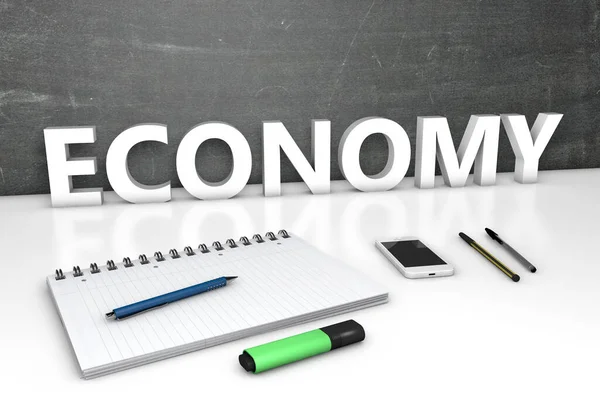 Economy Tekstconcept Met Schoolbord Notitieboekje Pennen Mobiele Telefoon Weergave Illustratie — Stockfoto