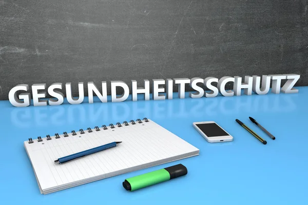 Gesundheitschutz 健康保護や医療のためのドイツ語の単語 黒板とテキストコンセプト ノートブック ペンと携帯電話 3Dレンダリング図 — ストック写真