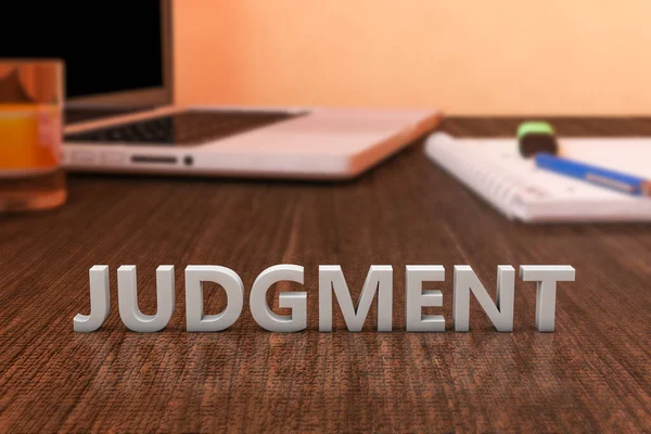 Judgment Letters Wooden Desk Laptop Computer Notebook Render Illustration — Stock Photo, Image