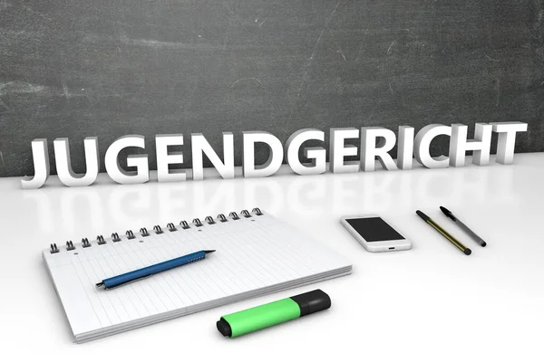 Jugendgericht German Word Juvenile Court Text Concept Chalkboard Notebook Pens — Stock Photo, Image