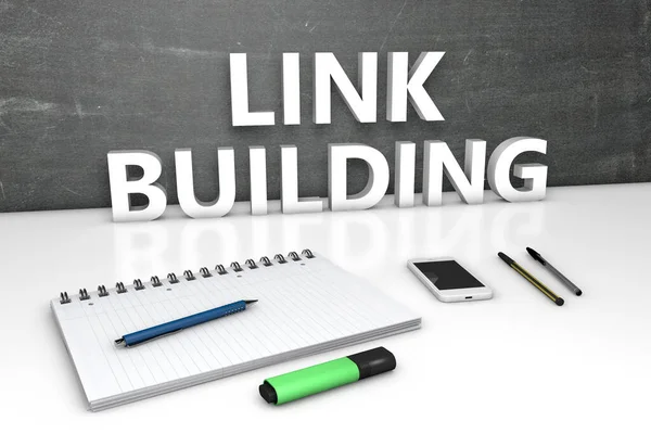 Link Building Text Concept Chalkboard Notebook Pens Mobile Phone Render — Stock Photo, Image