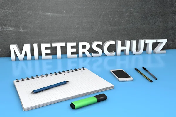 Mieterschutz Textkonzept Mit Kreide Notizbuch Stiften Und Handy Darstellung — Stockfoto