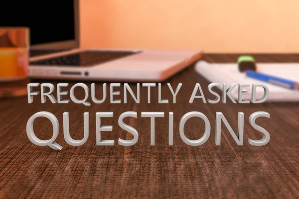 FAQ - Frequently Asked Questions - letters on wooden desk with laptop computer and a notebook. 3d render illustration.