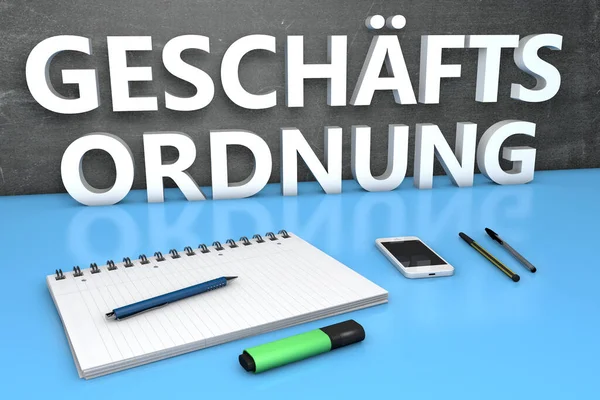 Geschaeftsordnung 德语的规则 文字概念与黑板 笔记本 钢笔和手机 3D渲染说明 — 图库照片