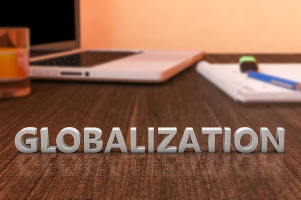 Глобализация Буквы Деревянном Столе Ноутбуком Ноутбуком Трехмерная Иллюстрация — стоковое фото