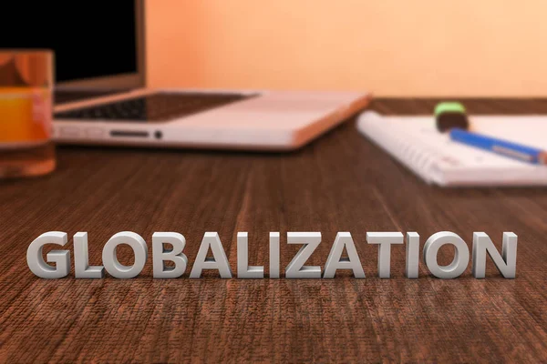 Globalizzazione Lettere Scrivania Legno Con Computer Portatile Notebook Illustrazione Rendering — Foto Stock