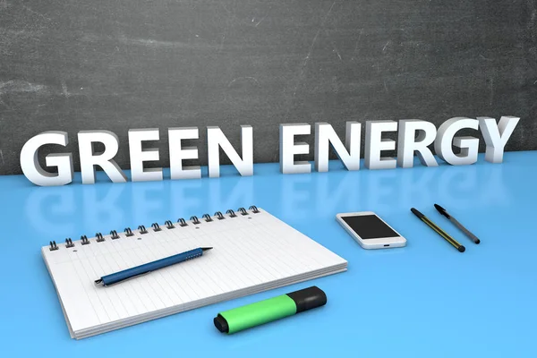 Grön Energi Textkoncept Med Skrivtavla Anteckningsbok Pennor Och Mobiltelefon Render — Stockfoto