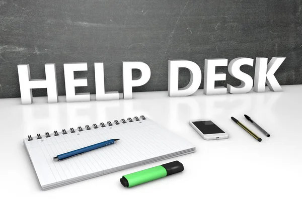Help Desk Text Concept Chalkboard Notebook Pens Mobile Phone Render — Stock Photo, Image