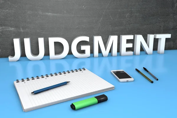Judgment Text Concept Chalkboard Notebook Pens Mobile Phone Render Illustration — Stock Photo, Image