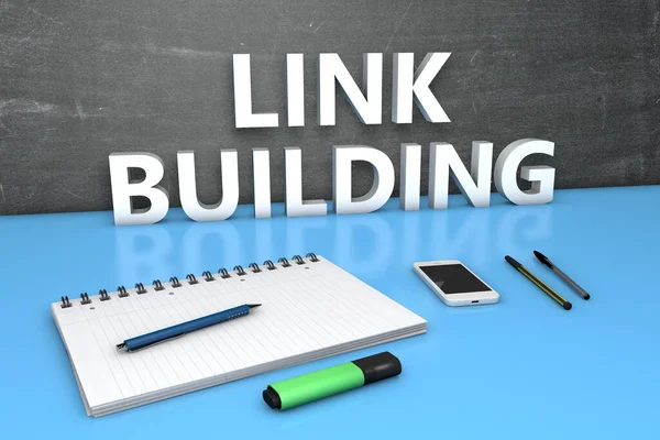 Link Building Text Concept Chalkboard Notebook Pens Mobile Phone Render — Stock Photo, Image