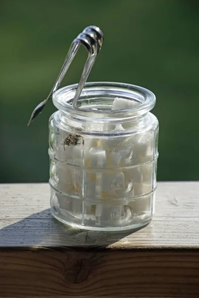 Sugar Bowl Bait Wasps White Sugar Clear Glass Still Life — Stock Photo, Image