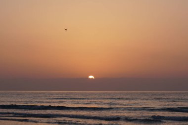   Atlantik üzerinde gün doğumu. - Günaydın. Sörf dalgaları. Taze esinti güzel bulutlar parlak turuncu ışık. Yatay deniz manzarası. Ufuktaki tekne.                             