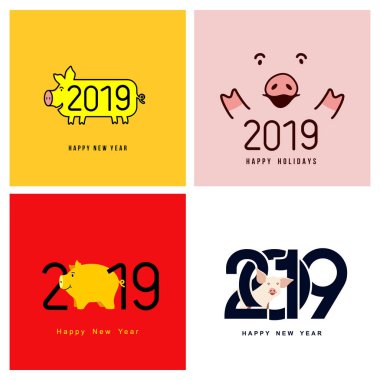 Happy New Year. Set of cute funny pig. Chinese symbol of the 2019 year. Excellent festive gift card for your design. Vector illustration. Isolated on white background